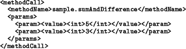 \begin{example}
<methodCall>
<methodName>sample.sumAndDifference</methodName>
...
...param><value><int>3</int></value></param>
</params>
</methodCall>
\end{example}